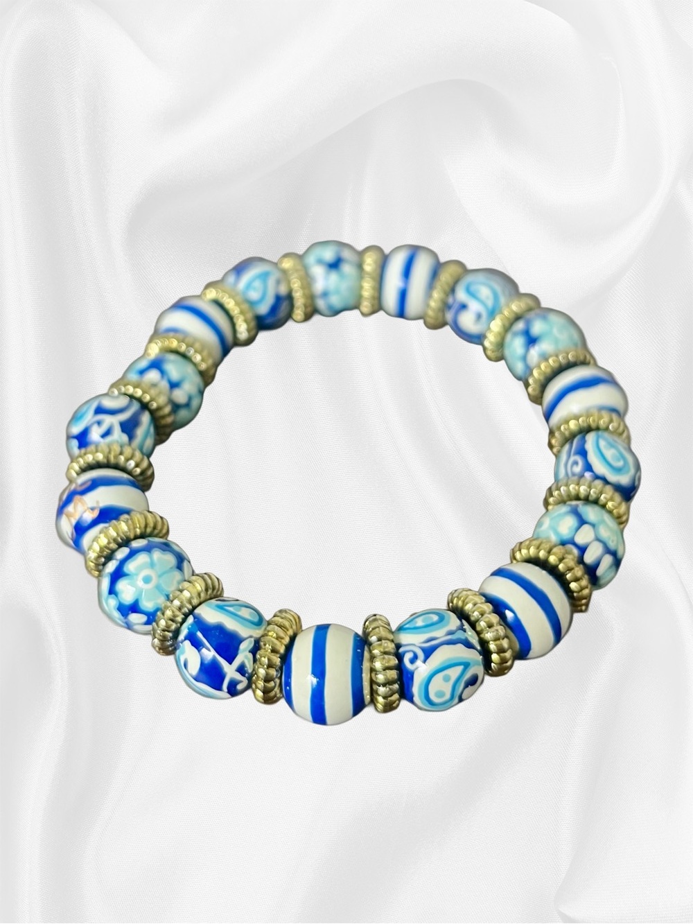 EUC Angela Moore Vintage Blue Coastal Hand-Painted Stretch Bracelet - Picture 4 of 12